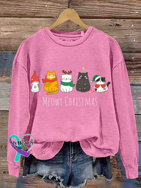 Christmas Meow Happy Year Of The Cat Round Neck Retro Casual Printed Sweatshirt