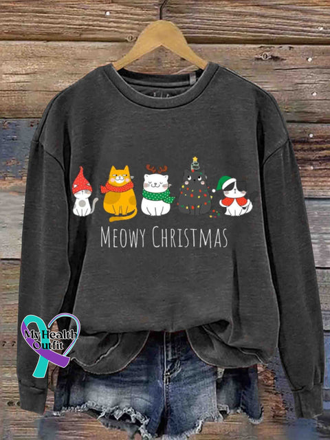 Christmas Meow Happy Year Of The Cat Round Neck Retro Casual Printed Sweatshirt Black / S