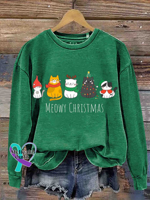 Christmas Meow Happy Year Of The Cat Round Neck Retro Casual Printed Sweatshirt Green / S