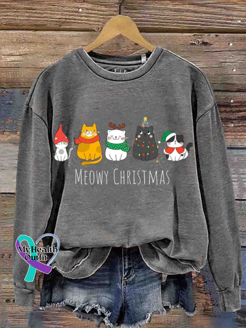 Christmas Meow Happy Year Of The Cat Round Neck Retro Casual Printed Sweatshirt Grey / S