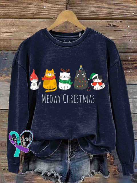 Christmas Meow Happy Year Of The Cat Round Neck Retro Casual Printed Sweatshirt Navyblue / S