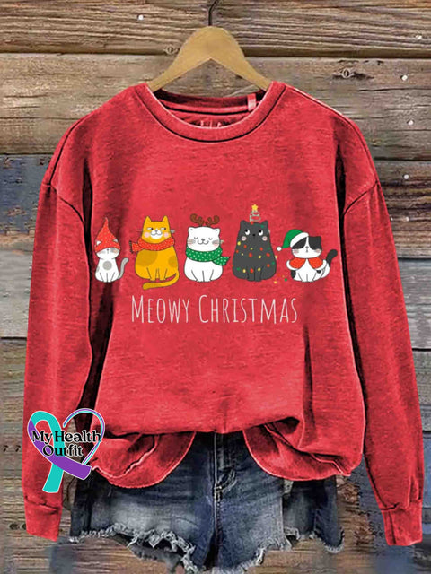 Christmas Meow Happy Year Of The Cat Round Neck Retro Casual Printed Sweatshirt Red / S