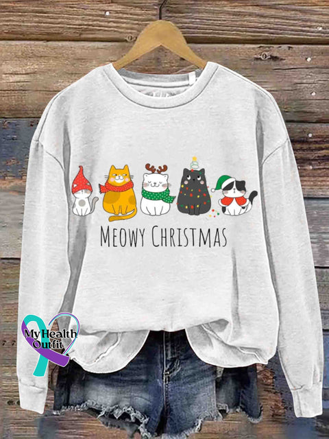 Christmas Meow Happy Year Of The Cat Round Neck Retro Casual Printed Sweatshirt White / S