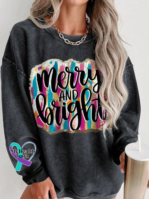 Christmas Merry And Bright Brush Strokes Women’s Casual Print Corduroy Sweatshirt Black / S