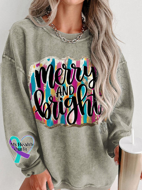 Christmas Merry And Bright Brush Strokes Women’s Casual Print Corduroy Sweatshirt Brown / S