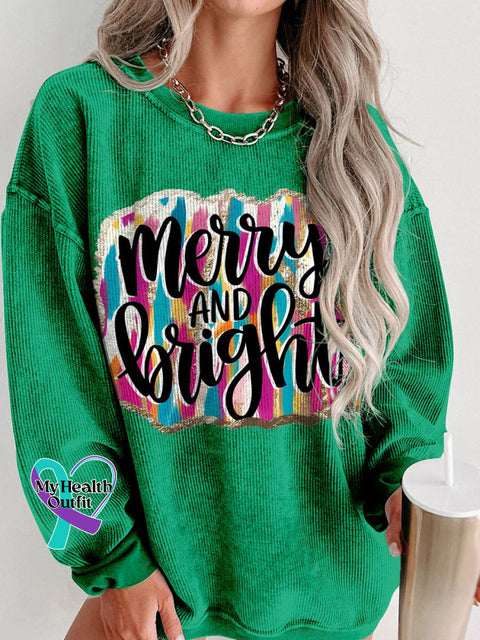 Christmas Merry And Bright Brush Strokes Women’s Casual Print Corduroy Sweatshirt Green / S