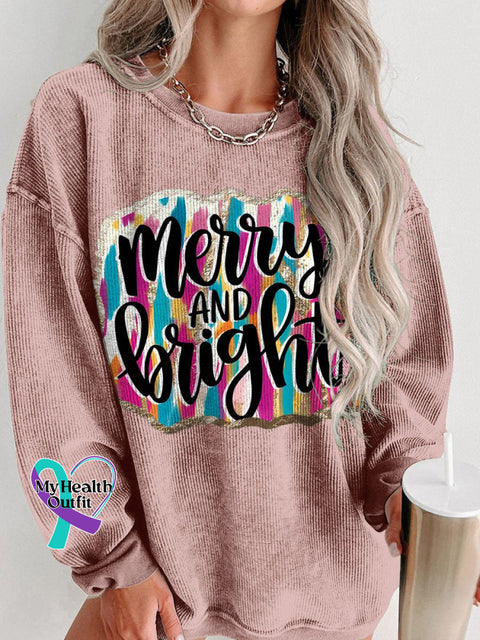 Christmas Merry And Bright Brush Strokes Women’s Casual Print Corduroy Sweatshirt Pink / S
