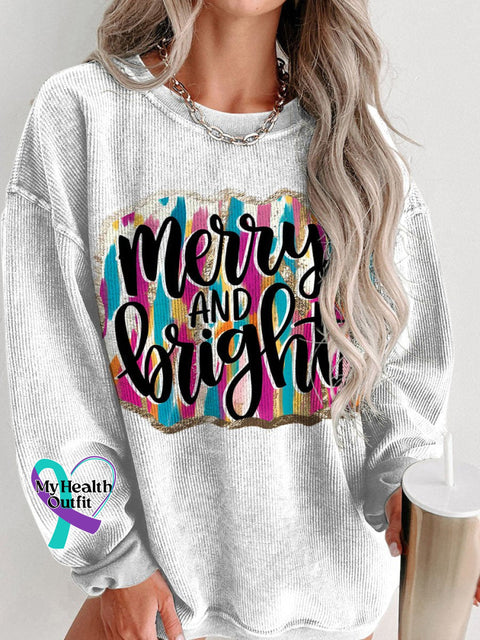 Christmas Merry And Bright Brush Strokes Women’s Casual Print Corduroy Sweatshirt White / S