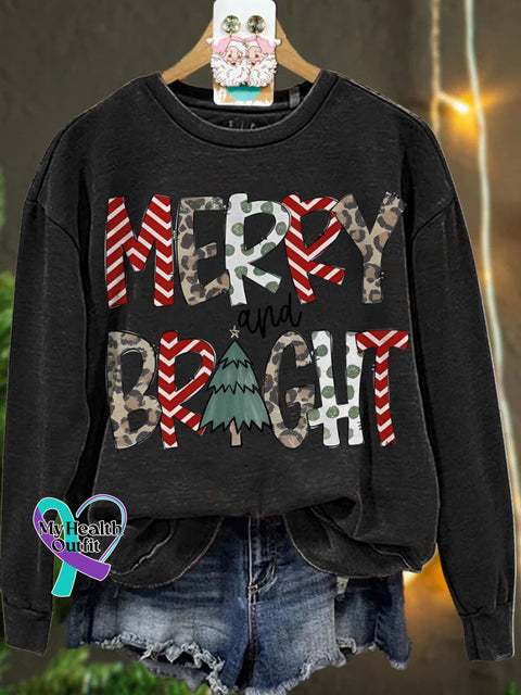 Christmas Merry And Bright Leopard Casual Sweatshirt Black / S