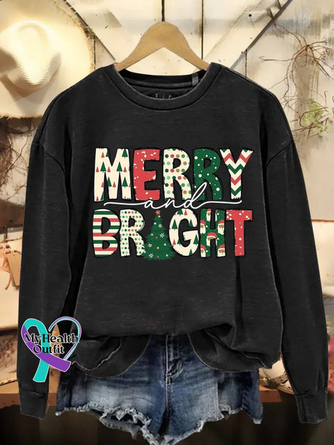 Christmas Merry and Bright Print Casual Sweatshirt Black / 5XL