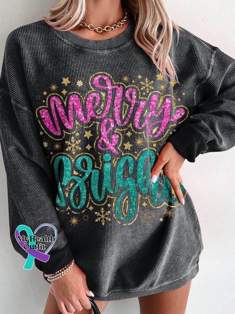 Christmas Merry & Bright Golden Glitter Women’s Casual Print Corduroy Sweatshirt Black / S
