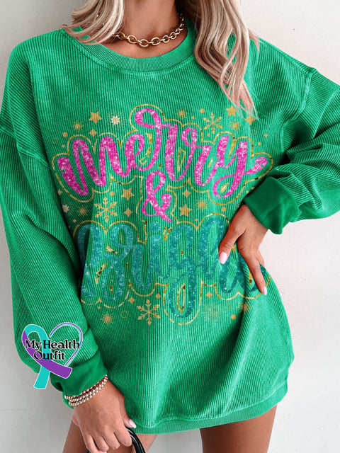 Christmas Merry & Bright Golden Glitter Women’s Casual Print Corduroy Sweatshirt Green / S