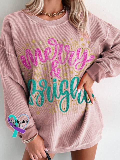 Christmas Merry & Bright Golden Glitter Women’s Casual Print Corduroy Sweatshirt Pink / S