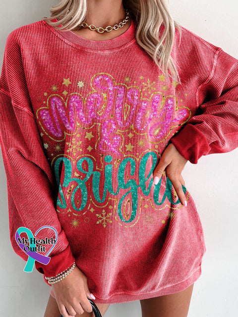 Christmas Merry & Bright Golden Glitter Women’s Casual Print Corduroy Sweatshirt Red / S