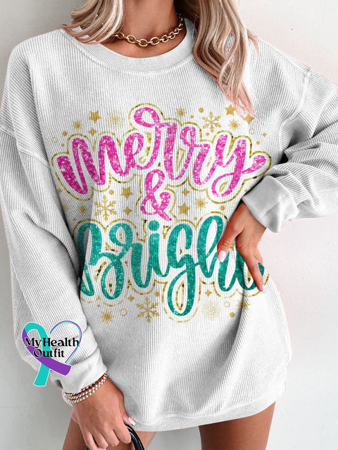 Christmas Merry & Bright Golden Glitter Women’s Casual Print Corduroy Sweatshirt White / S