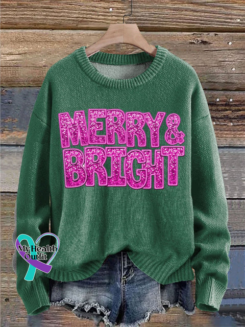 Christmas Merry&Bright Print Knit Pullover Sweater Green / S