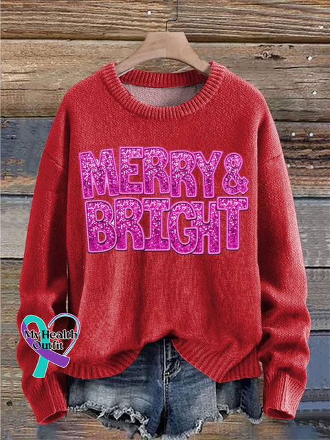 Christmas Merry&Bright Print Knit Pullover Sweater Red / S