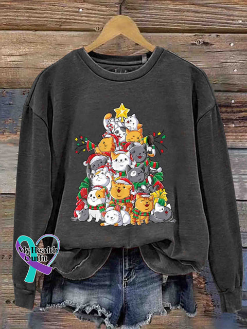 Christmas Multi-Color Little Meow Round Neck Trendy Retro Casual Printed Sweatshirt Black / S
