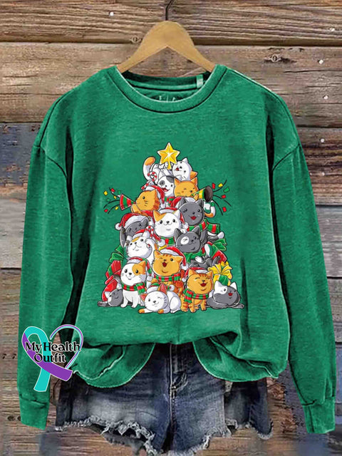 Christmas Multi-Color Little Meow Round Neck Trendy Retro Casual Printed Sweatshirt Green / S