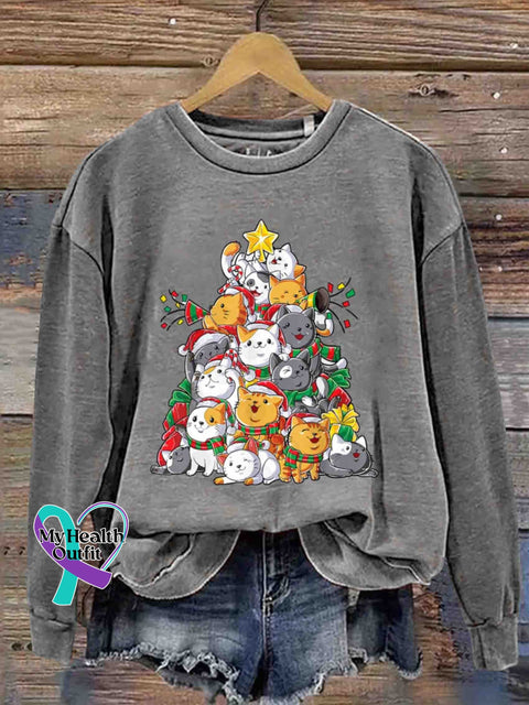 Christmas Multi-Color Little Meow Round Neck Trendy Retro Casual Printed Sweatshirt Grey / S