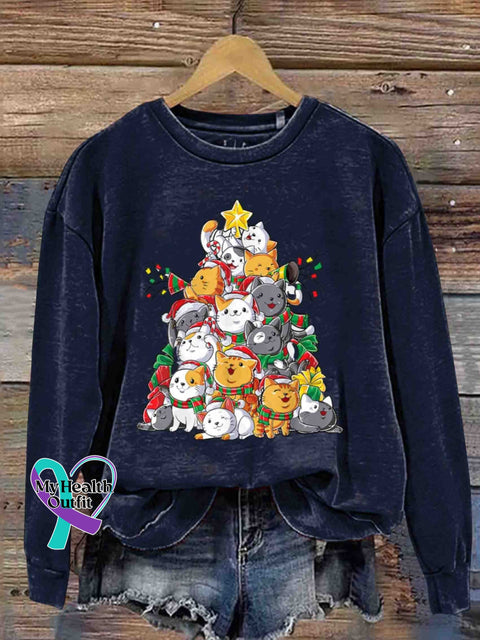 Christmas Multi-Color Little Meow Round Neck Trendy Retro Casual Printed Sweatshirt Navyblue / S