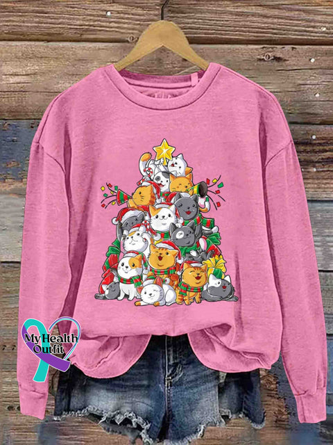 Christmas Multi-Color Little Meow Round Neck Trendy Retro Casual Printed Sweatshirt Pink / S