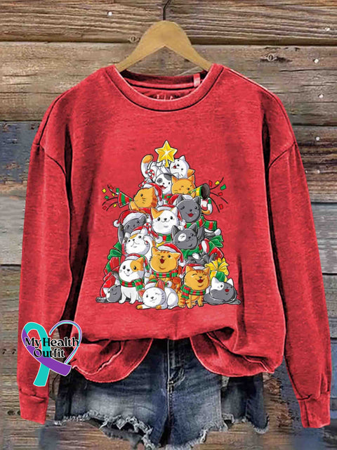 Christmas Multi-Color Little Meow Round Neck Trendy Retro Casual Printed Sweatshirt Red / S