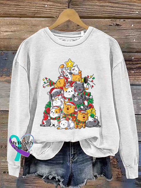 Christmas Multi-Color Little Meow Round Neck Trendy Retro Casual Printed Sweatshirt White / S