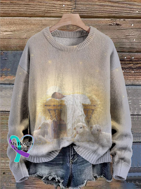 Christmas Nativity Day Jesus Print Knit Pullover Sweater Multicolor / S