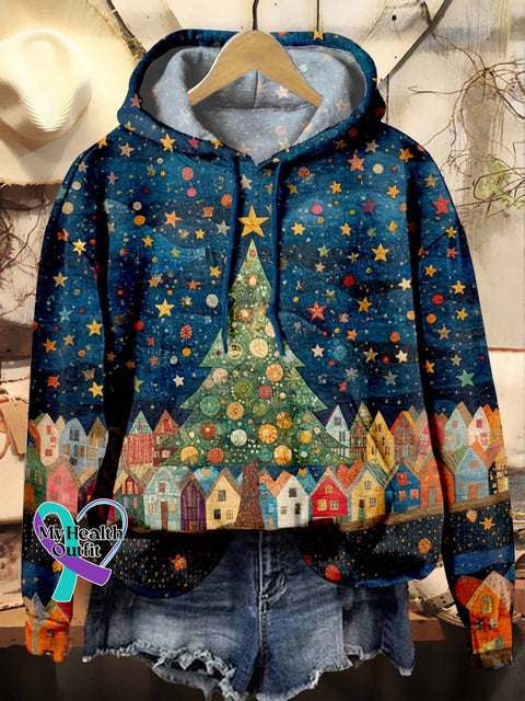 Christmas Night Stars Tree Town Print Casual Hoodie Sweatshirt Multicolor / S