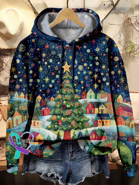 Christmas Night Stars Tree Town Print Casual Hoodie Sweatshirt Multicolor / S