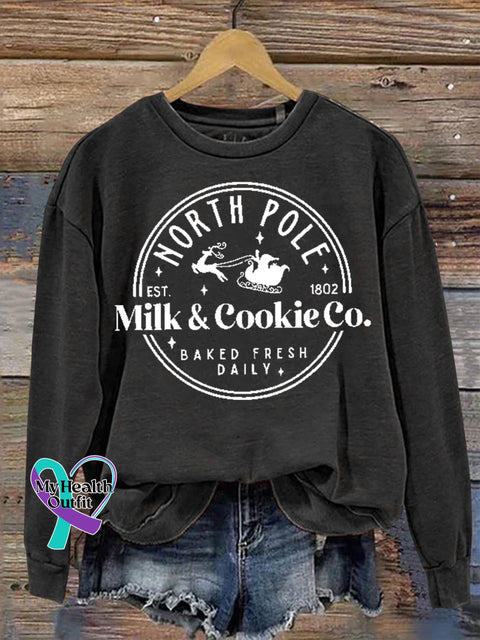 Christmas North Pole Est 1802 Milk & Cookie Co Baked Fresh Daily Print Casual Sweatshirt Black / S
