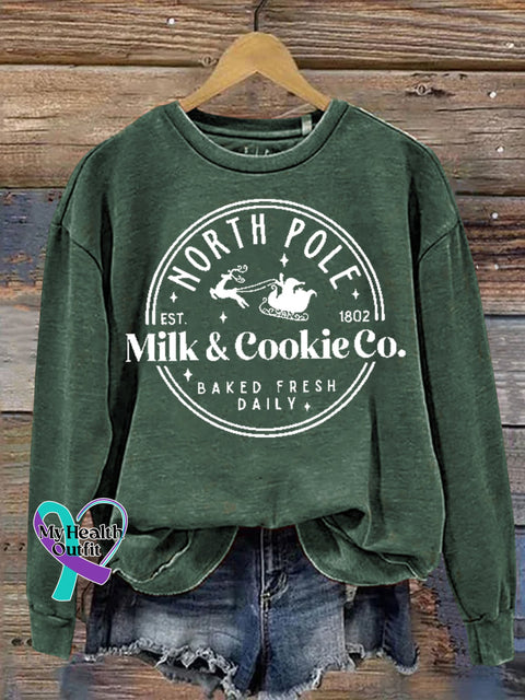 Christmas North Pole Est 1802 Milk & Cookie Co Baked Fresh Daily Print Casual Sweatshirt Green / S