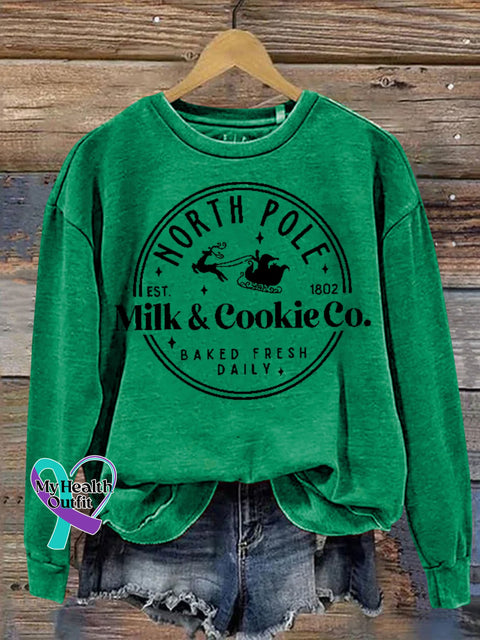 Christmas North Pole Est 1802 Milk & Cookie Co Baked Fresh Daily Print Casual Sweatshirt Green / S