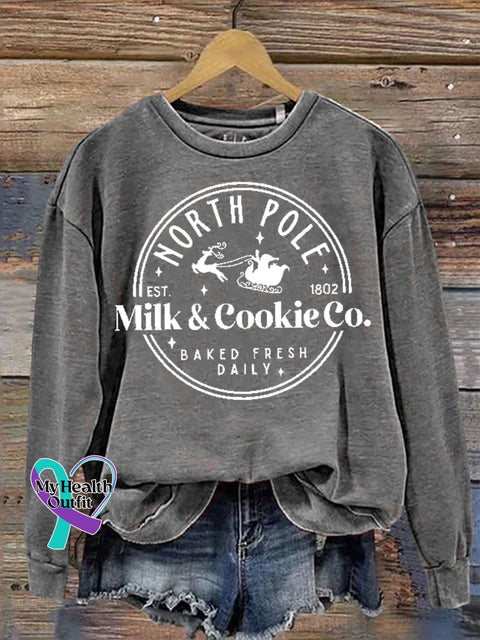 Christmas North Pole Est 1802 Milk & Cookie Co Baked Fresh Daily Print Casual Sweatshirt Grey / S