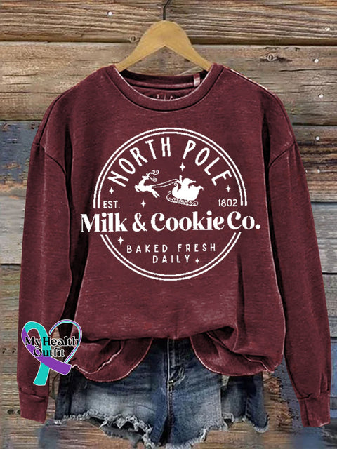 Christmas North Pole Est 1802 Milk & Cookie Co Baked Fresh Daily Print Casual Sweatshirt Maroon / S