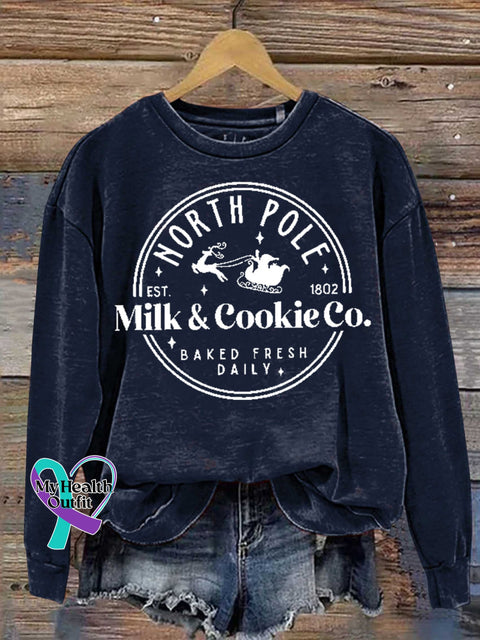 Christmas North Pole Est 1802 Milk & Cookie Co Baked Fresh Daily Print Casual Sweatshirt Navyblue /