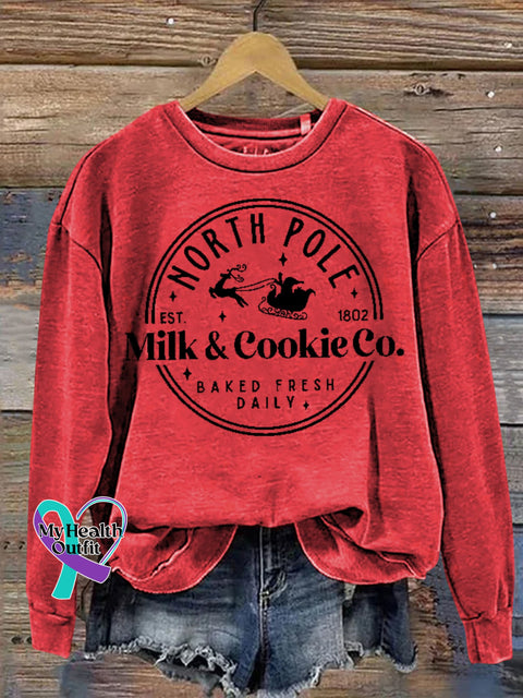 Christmas North Pole Est 1802 Milk & Cookie Co Baked Fresh Daily Print Casual Sweatshirt Red / S