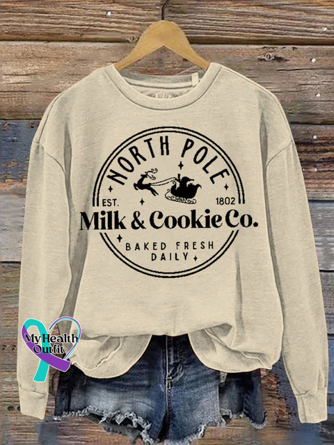 Christmas North Pole Est 1802 Milk & Cookie Co Baked Fresh Daily Print Casual Sweatshirt Sand / S