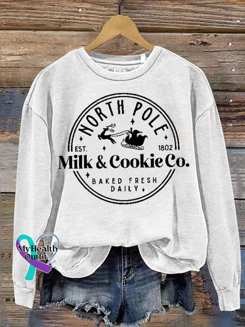 Christmas North Pole Est 1802 Milk & Cookie Co Baked Fresh Daily Print Casual Sweatshirt White / S
