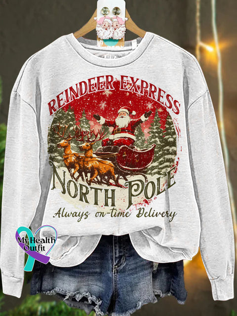 Christmas North Pole Reindeer Santa Casual Sweatshirt White / M
