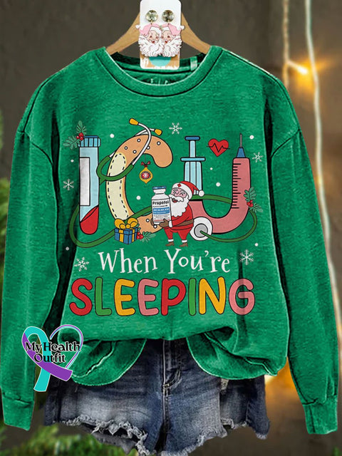 Christmas Nurse Icu When You’re Sleeping Casual Sweatshirt Green / S