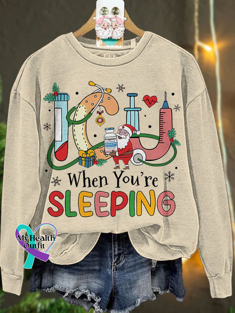 Christmas Nurse Icu When You’re Sleeping Casual Sweatshirt Sand / S
