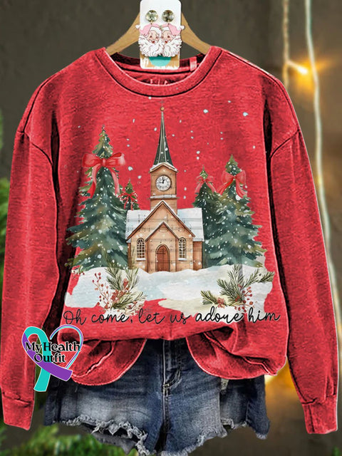 Christmas Oh Come Let Us Adore Him Jesus Casual Sweatshirt Red / S