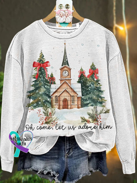 Christmas Oh Come Let Us Adore Him Jesus Casual Sweatshirt White / S