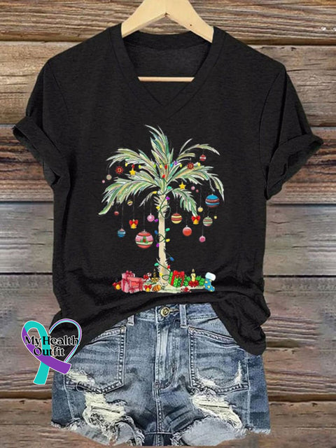 Christmas Palm Tree Gift Women’s V-Neck Casual T-Shirt Black / S