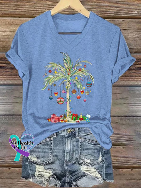 Christmas Palm Tree Gift Women’s V-Neck Casual T-Shirt Blue / S