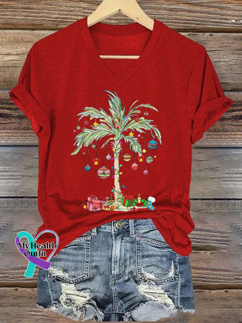 Christmas Palm Tree Gift Women’s V-Neck Casual T-Shirt Red / S