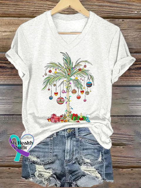Christmas Palm Tree Gift Women’s V-Neck Casual T-Shirt White / S
