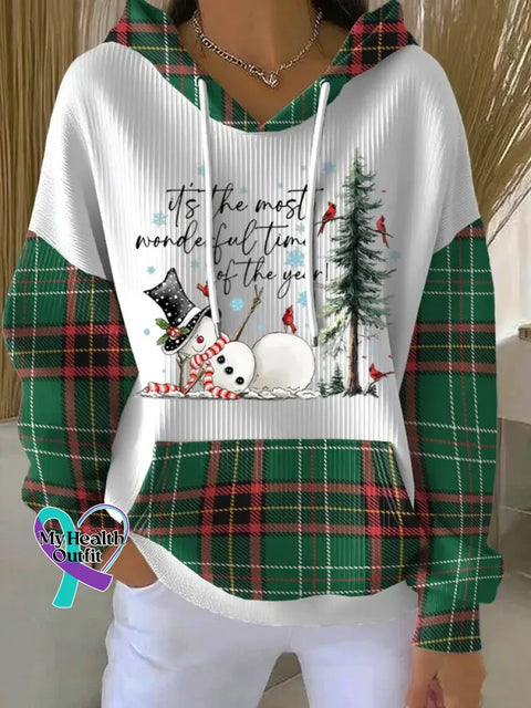 Christmas Pattern Art Print Casual Hooded Pocket Sweatshirt Plaid1 / S